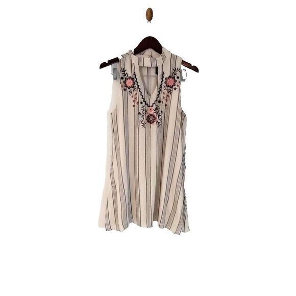 Trixxi Women S Embroidered V Neck Striped Sleeveless Short Mini Boho Party Dress - Picture 1 of 4